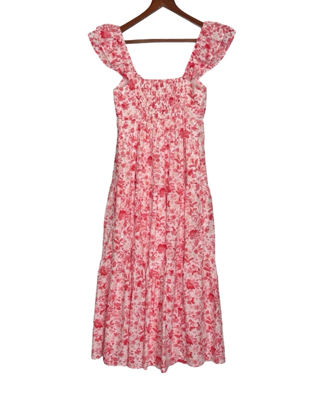 Abercrombie & Fitch Ruched Flutter Sleeve Long Midi/Maxi Dress Pink Floral XS - Picture 6 of 12